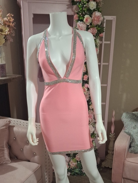 Dresses & Skirts - Pink Rhinestone Embellished Plunge Halter Bodycon Mini Dress NWT Size XS
